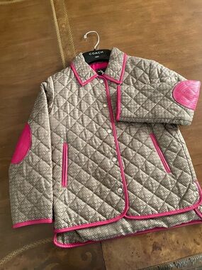 COACH Quilted Beige Jacket with Pink leather Trim
